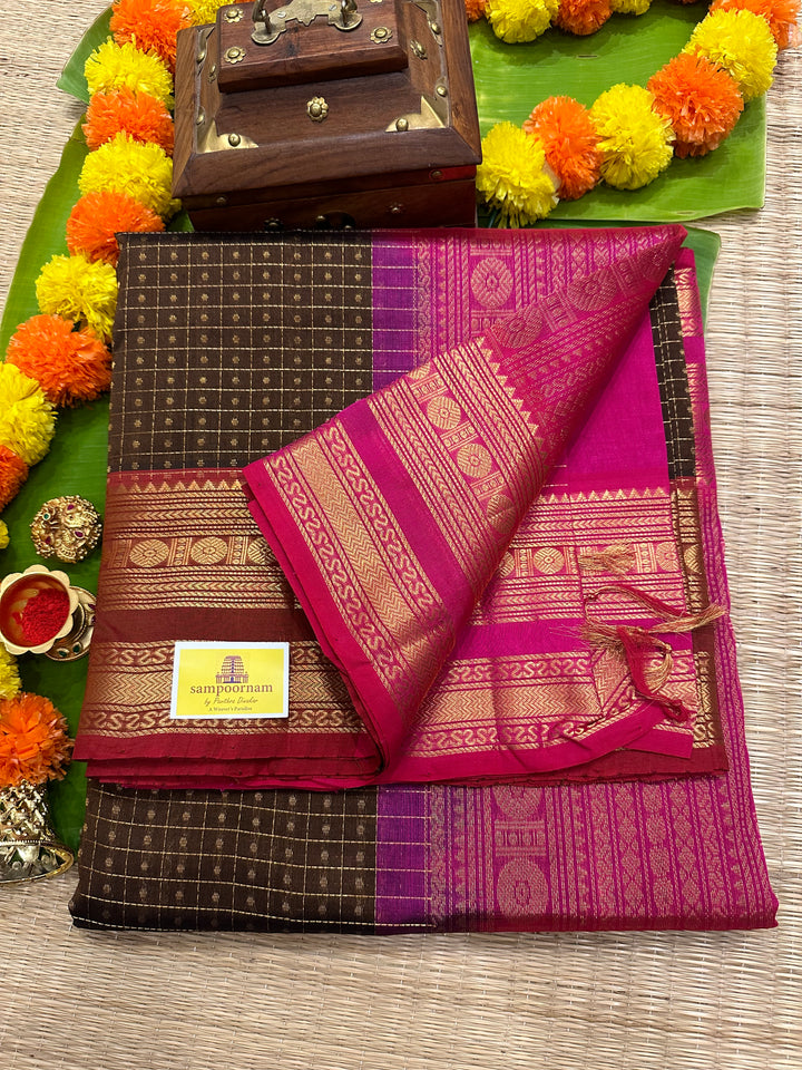 Copper Brown with Magenta Zari Lakshadeepam Silk Cotton Saree