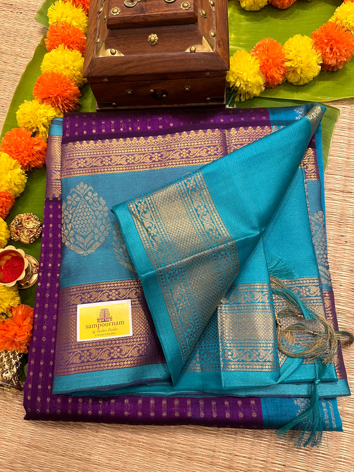 Purple with Blue , Satin Border Rich Zari Body with Grand Pallu Korvai Silk Cotton Saree