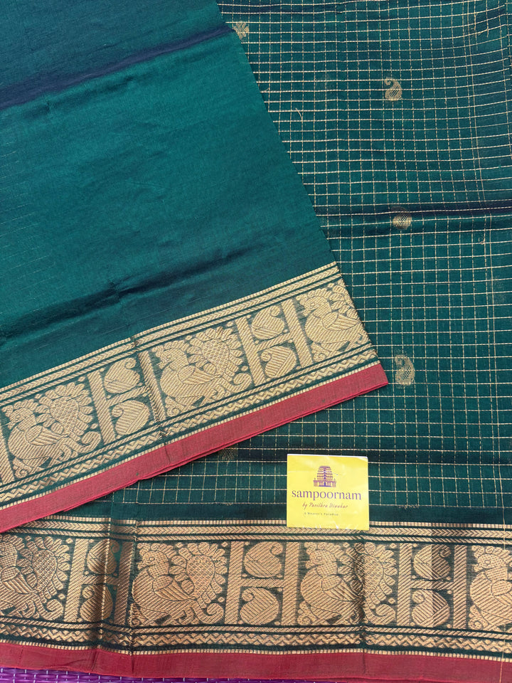 Green  , Zari Podi Kattam in the body , Traditional Borders and Rich Pallu Semi Silk Cotton Saree