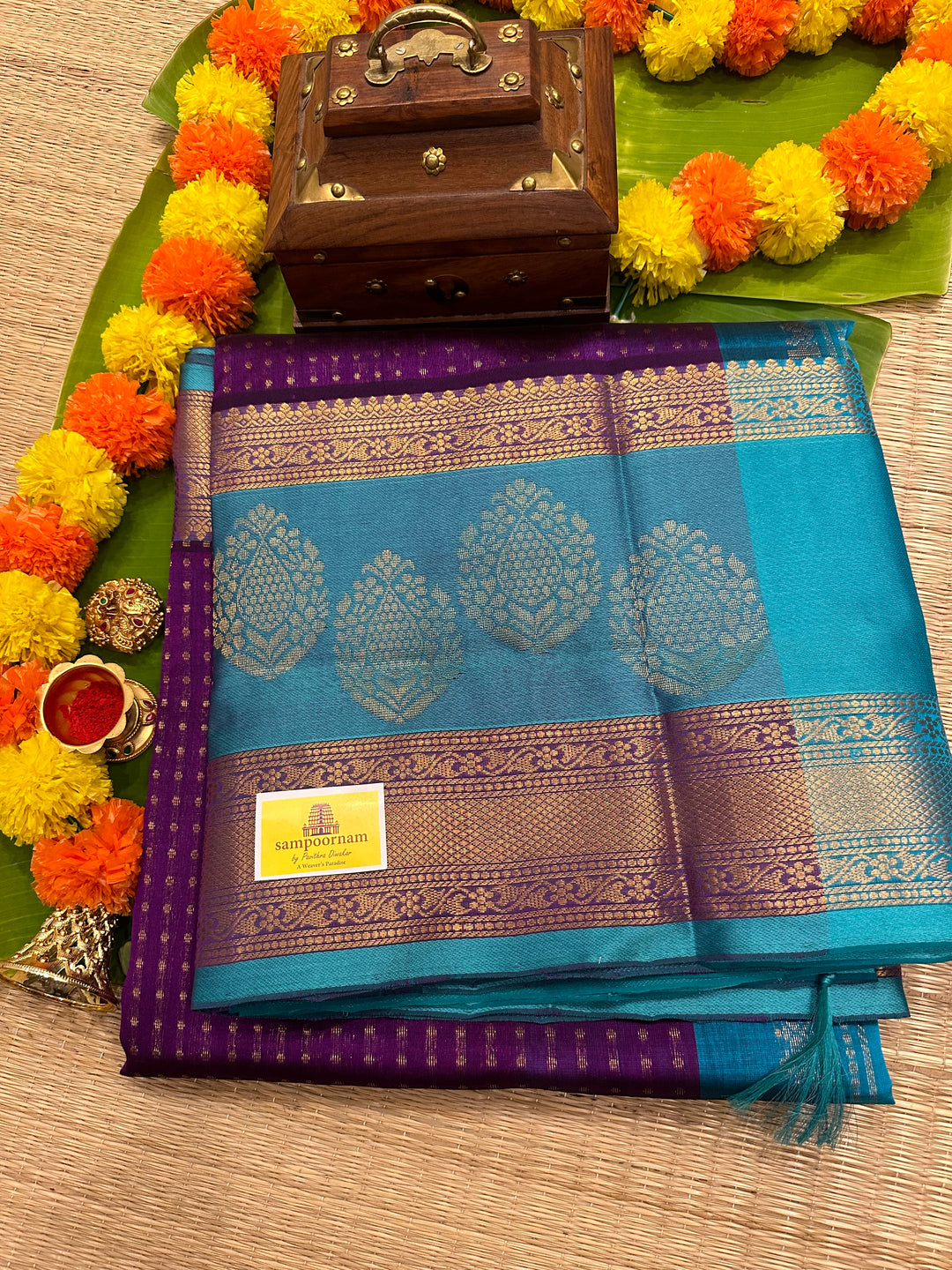 Purple with Blue , Satin Border Rich Zari Body with Grand Pallu Korvai Silk Cotton Saree