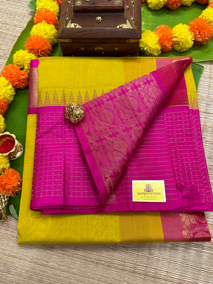 Lemon Yellow with Pink Border Lakshadeepam ,Rich Pallu Korvai Silk Cotton Saree