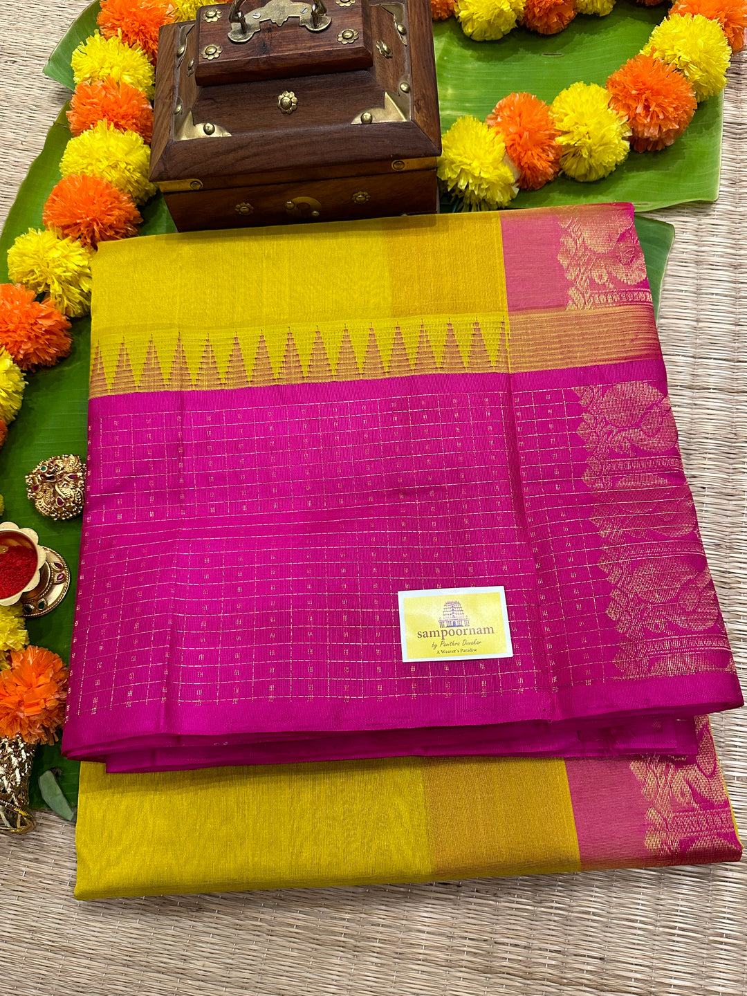 Lemon Yellow with Pink Border Lakshadeepam ,Rich Pallu Korvai Silk Cotton Saree