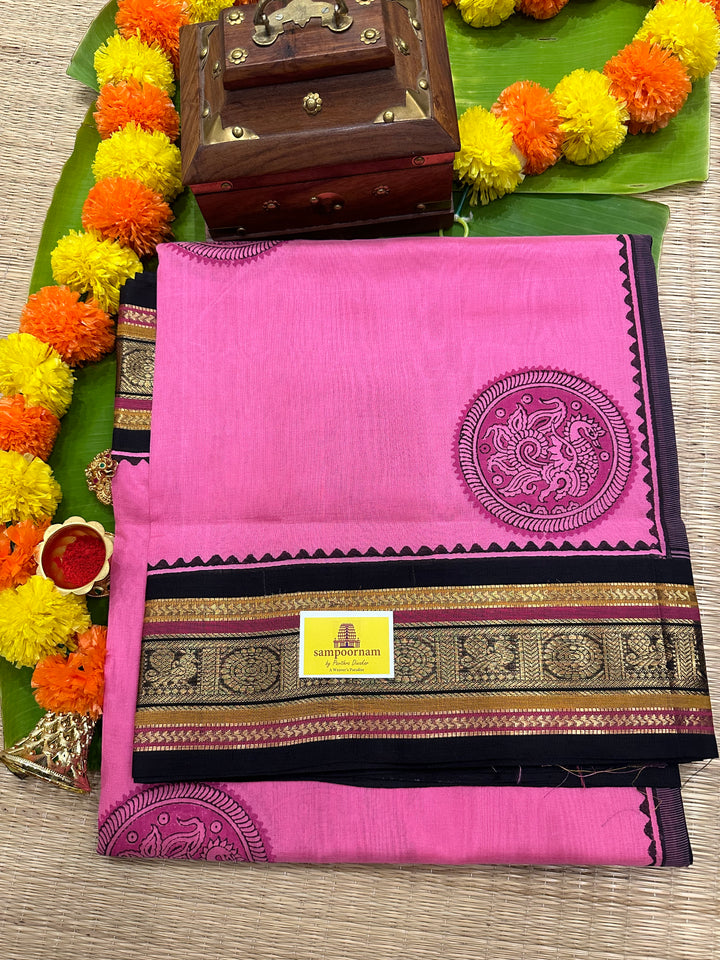 Pink with Black Handblock Printed Korvai Silk Cotton Saree