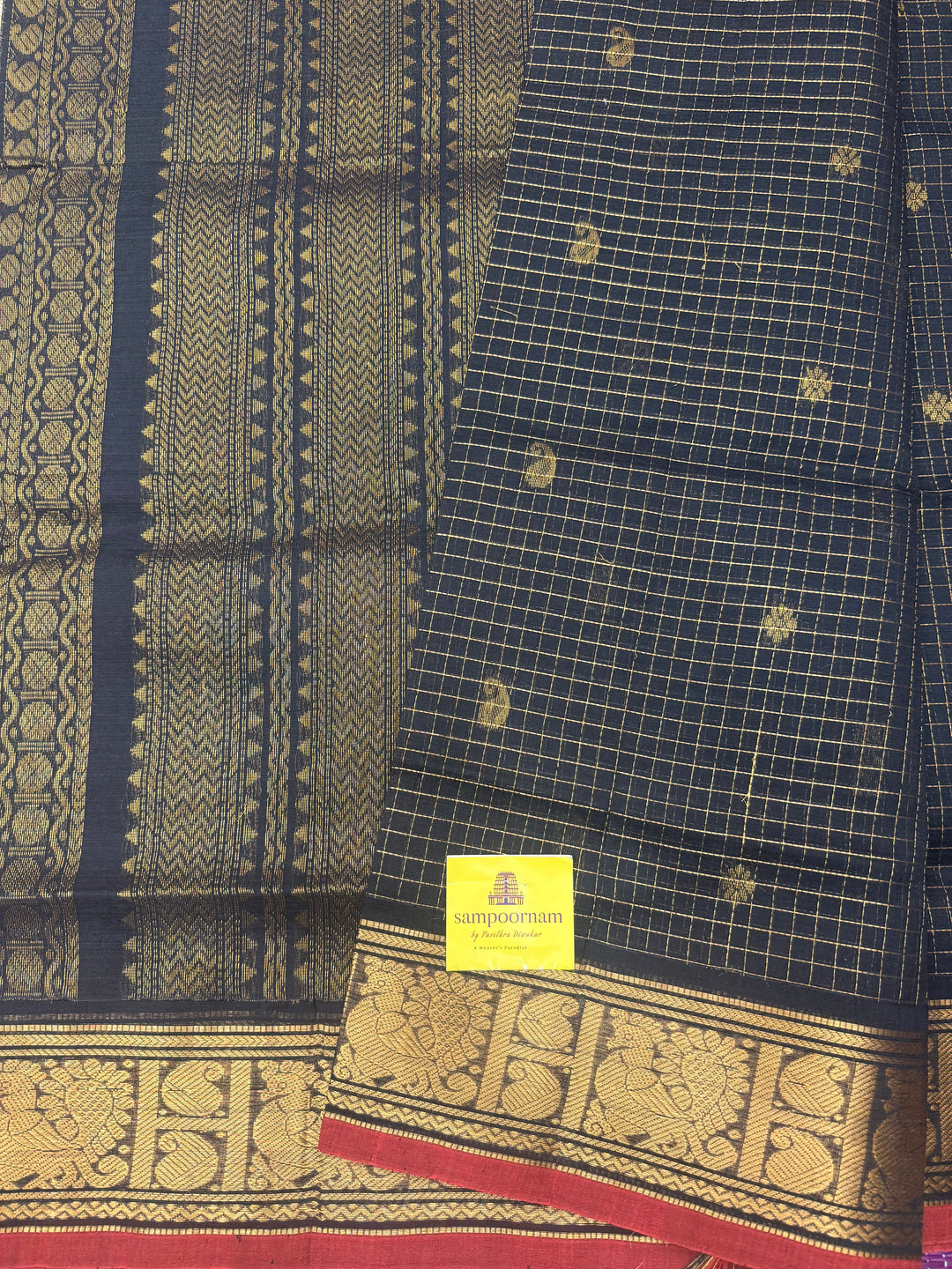 Black , Zari Podi Kattam in the body , Traditional Borders and Rich Pallu Semi Silk Cotton Saree