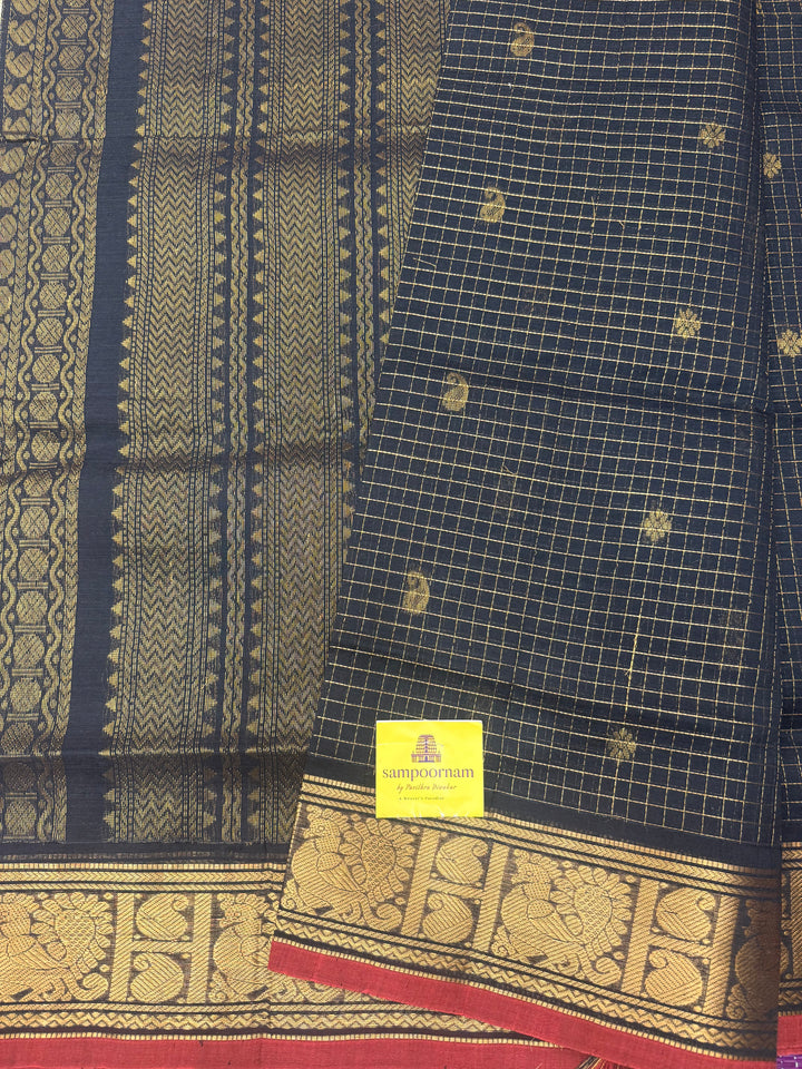 Black , Zari Podi Kattam in the body , Traditional Borders and Rich Pallu Semi Silk Cotton Saree