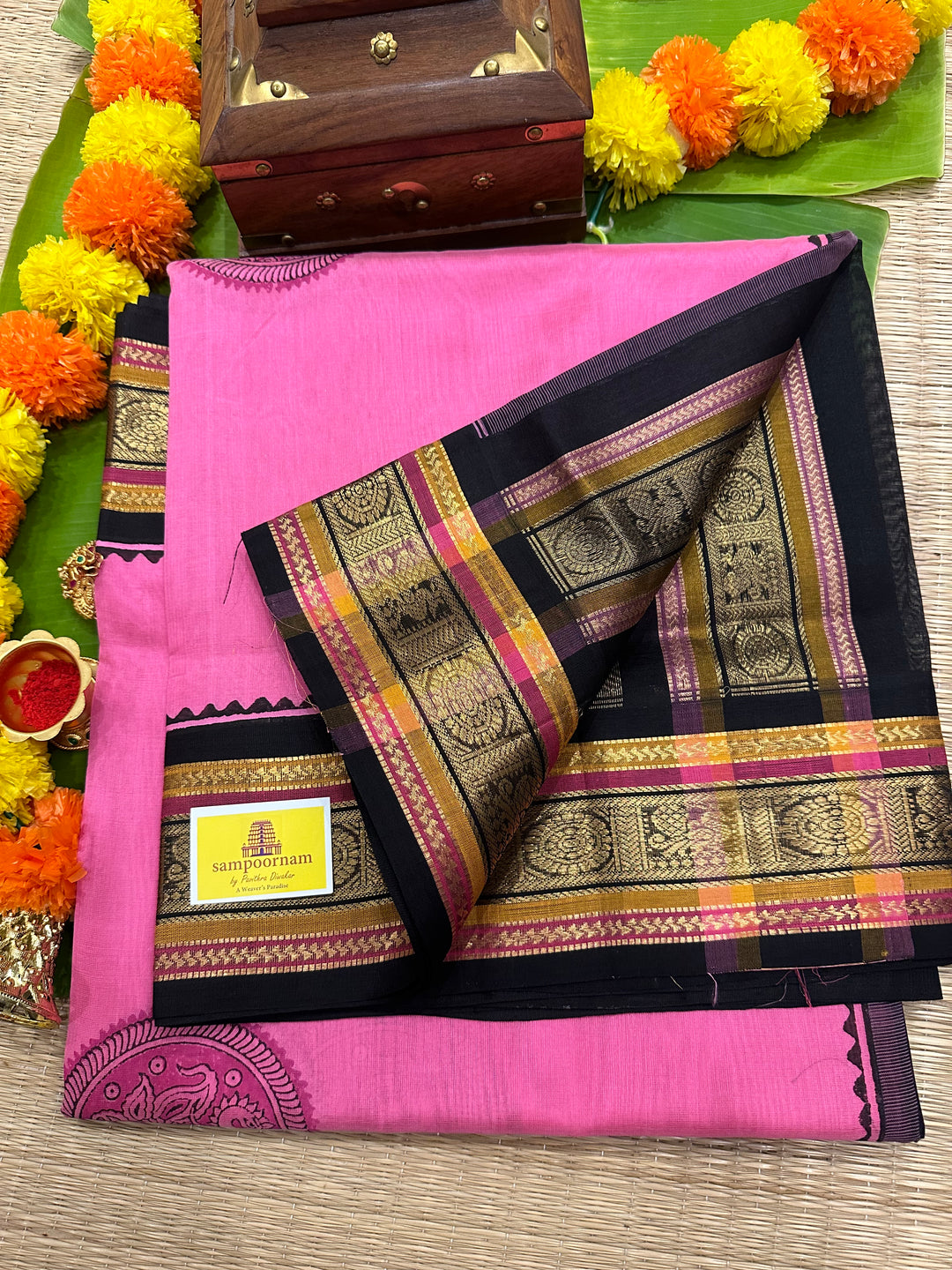 Pink with Black Handblock Printed Korvai Silk Cotton Saree