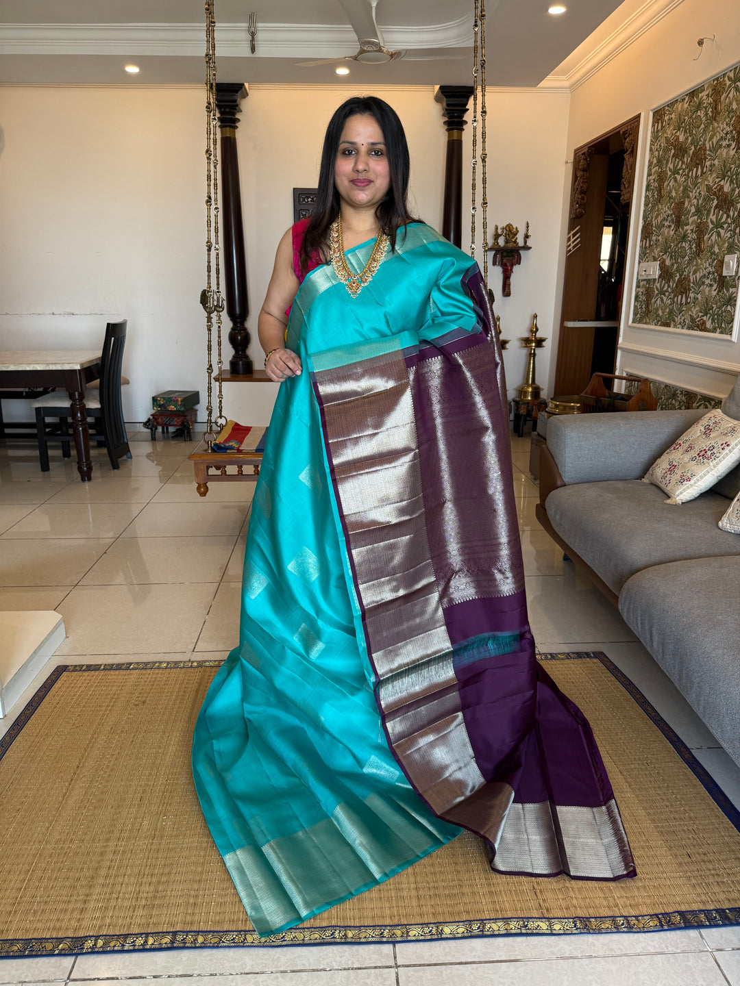 Light Sky Blue with Nagapazham Jamun Colour Contrast One Side