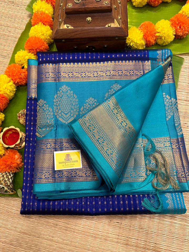 Blue with Blue Satin Border , RIch Zari Body and Grand Pallu Korvai Silk Cotton Saree