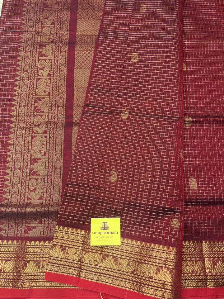 Red , Zari Podi Kattam in the body , Traditional Borders and Rich Pallu Semi Silk Cotton Saree