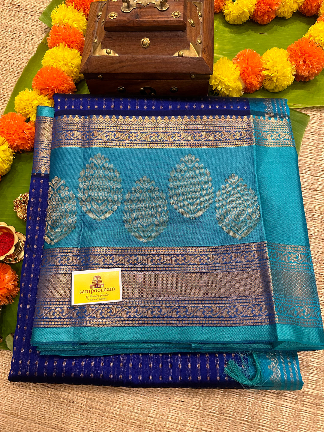 Blue with Blue Satin Border , RIch Zari Body and Grand Pallu Korvai Silk Cotton Saree