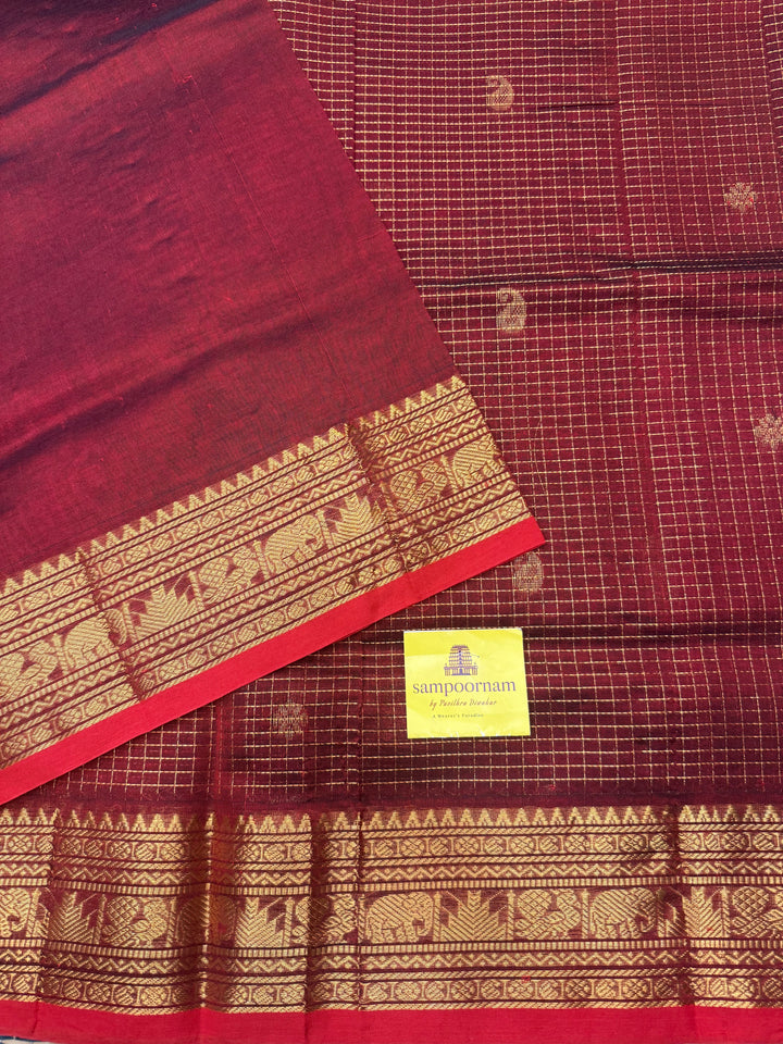 Red , Zari Podi Kattam in the body , Traditional Borders and Rich Pallu Semi Silk Cotton Saree