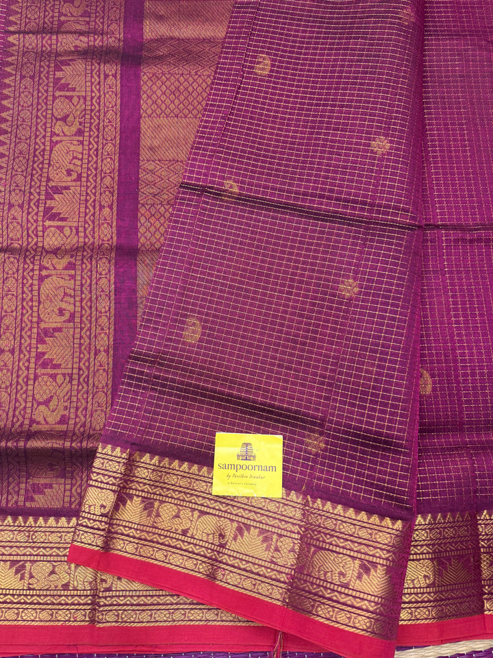 Magenta , Zari Podi Kattam in the body , Traditional Borders and Rich Pallu Semi Silk Cotton Saree
