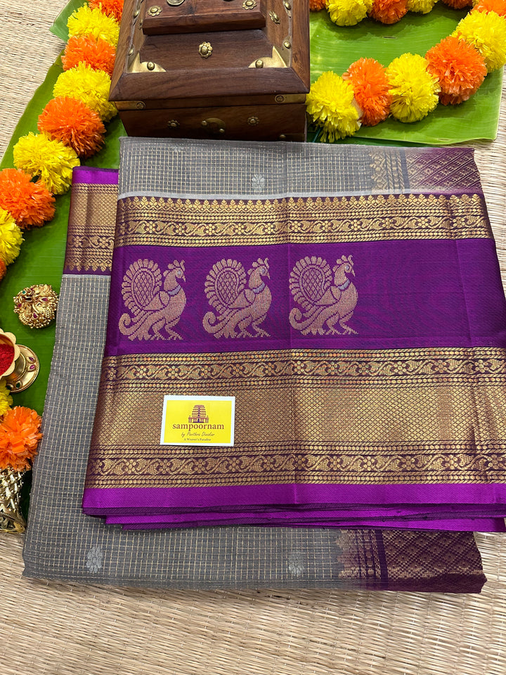 Grey with Purple Podi Kattam with Silver Butta in The Body and Satin Peacock Motif Border and Rich Pallu Korvai Silk Cotton Saree