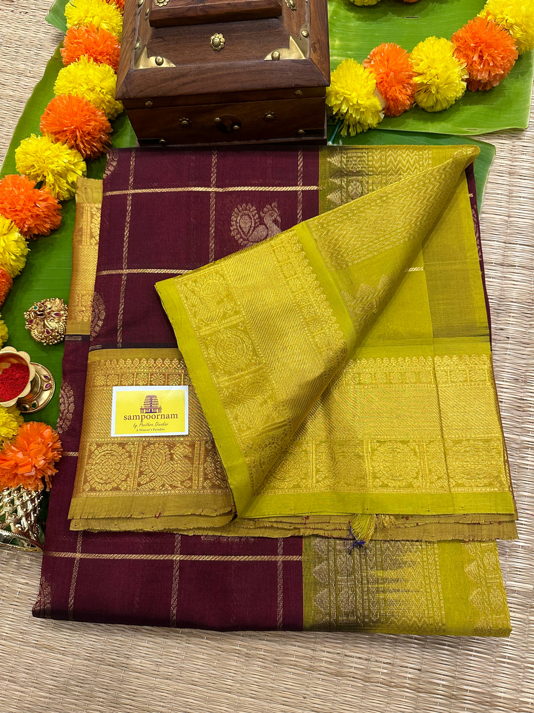 Maroon with Lemon Yellow Mayil Chakram Silk Cotton Saree