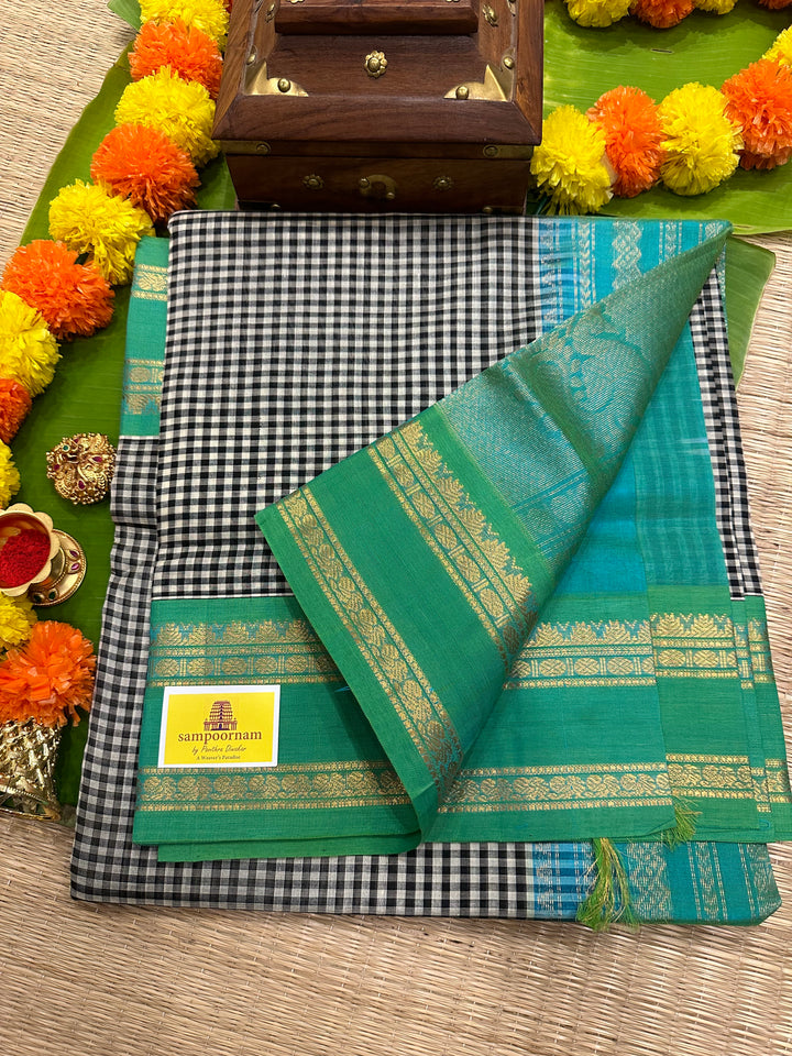 Black and White Podi Kattam with Sea Green Rich Pallu Korvai Silk Cotton Saree