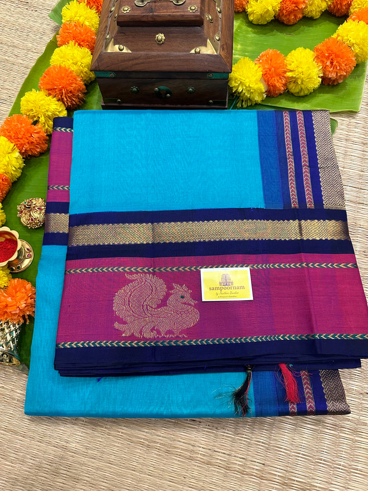 Blue with Dark Blue Annam Motif in the Border and Rich Pallu Korvai Silk Cotton Saree