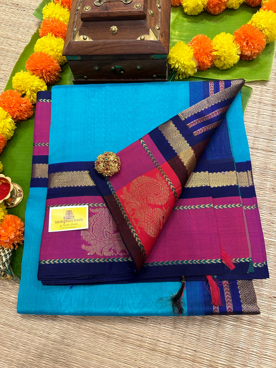 Blue with Dark Blue Annam Motif in the Border and Rich Pallu Korvai Silk Cotton Saree