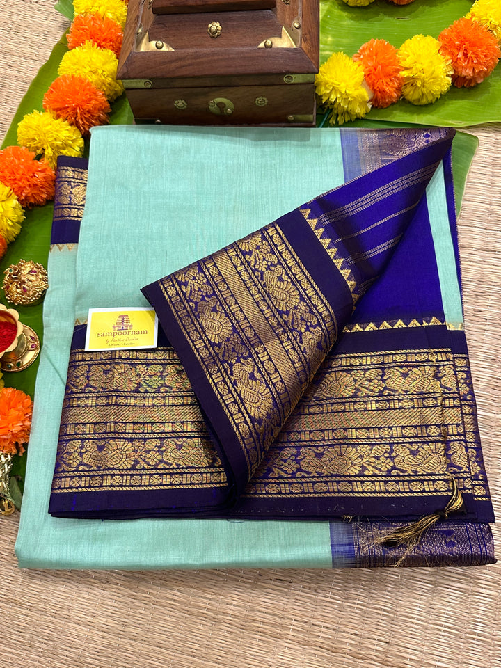 Teal Blue/Dark Blue with Rich Kanchi Border Korvai Silk Cotton Saree