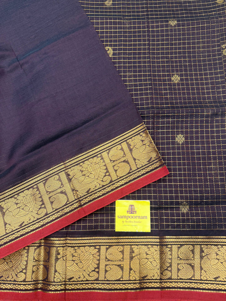 Brown , Zari Podi Kattam in the body , Traditional Borders and Rich Pallu Semi Silk Cotton Saree