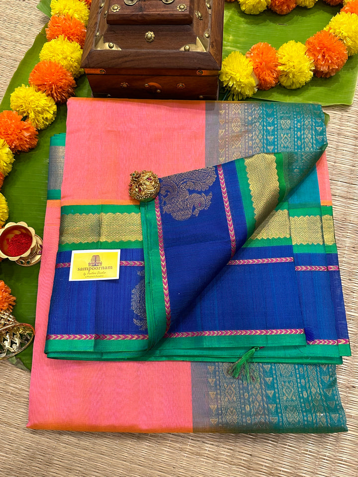 Baby Pink with Sea Green , Annam Motif in the Border and Rich Pallu Korvai Silk Cotton Saree