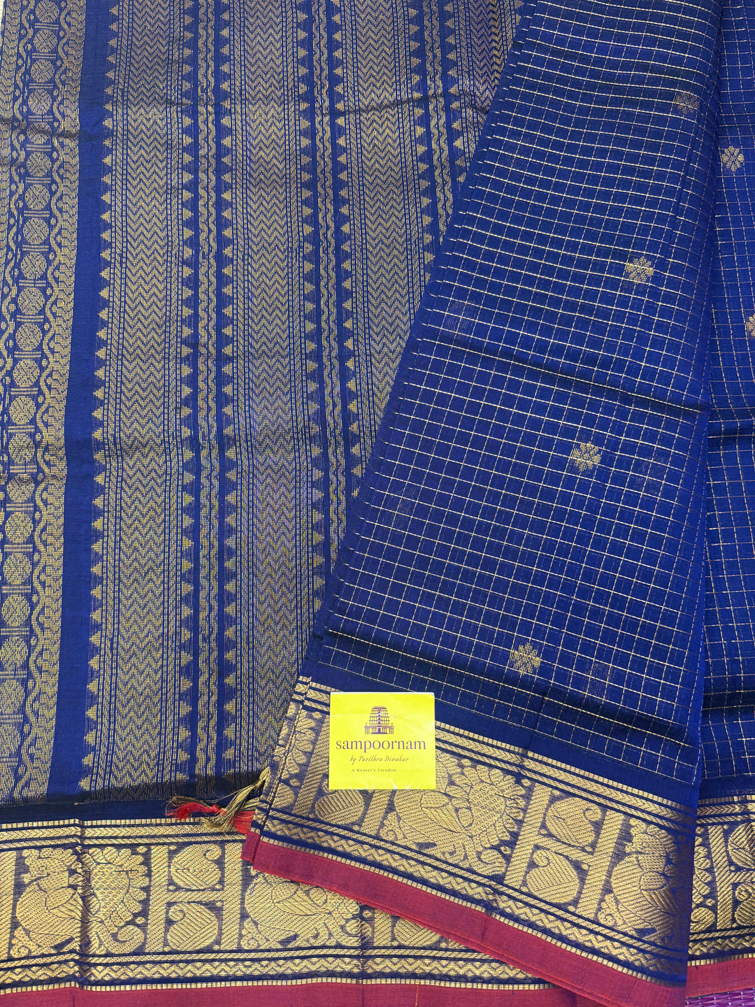 Royal Blue  , Zari Podi Kattam in the body , Traditional Borders rich Pallu Semi Silk Cotton Saree