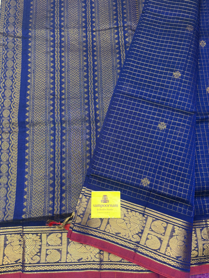 Royal Blue  , Zari Podi Kattam in the body , Traditional Borders rich Pallu Semi Silk Cotton Saree