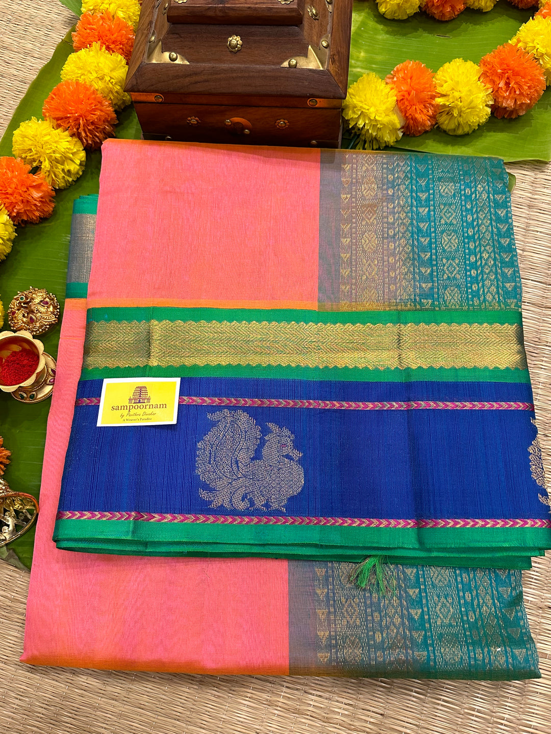 Baby Pink with Sea Green , Annam Motif in the Border and Rich Pallu Korvai Silk Cotton Saree