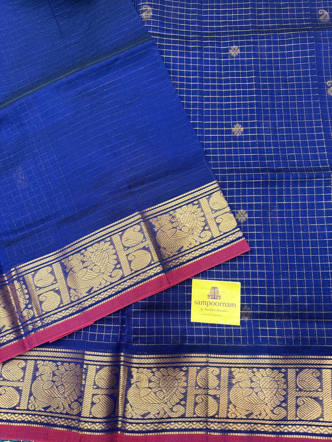 Royal Blue  , Zari Podi Kattam in the body , Traditional Borders rich Pallu Semi Silk Cotton Saree