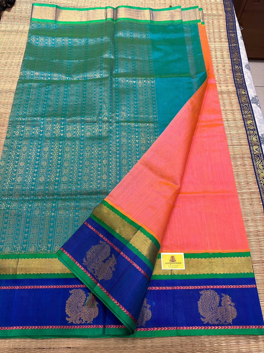 Baby Pink with Sea Green , Annam Motif in the Border and Rich Pallu Korvai Silk Cotton Saree