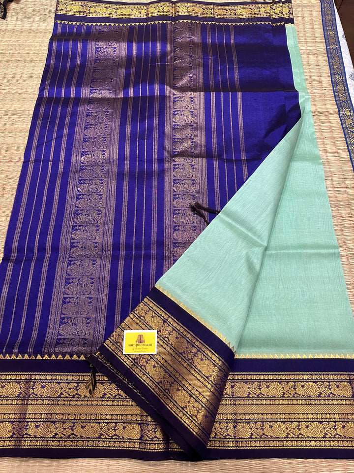 Teal Blue/Dark Blue with Rich Kanchi Border Korvai Silk Cotton Saree