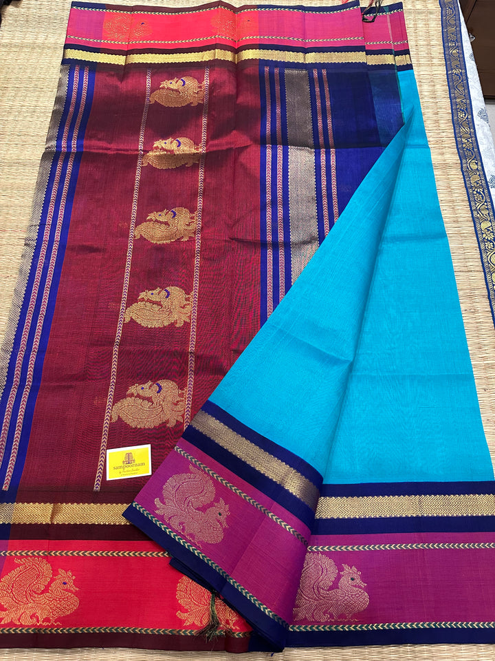 Blue with Dark Blue Annam Motif in the Border and Rich Pallu Korvai Silk Cotton Saree