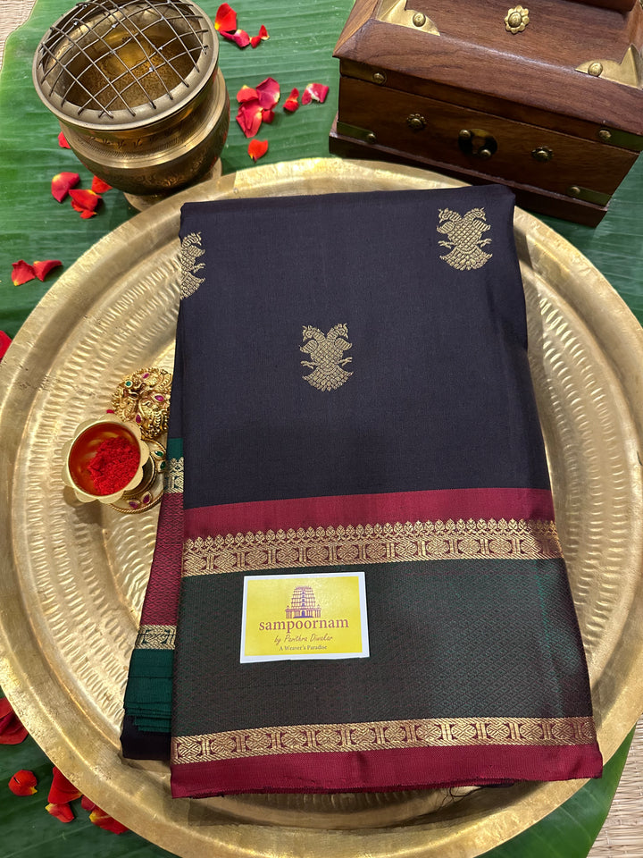 An Evergreen Combo Black with Ganga Jamuna Border Araku and Green, Gandaberundu Zari motif in Body and Rich Pallu Pure Kanjivaram Silk Sarees