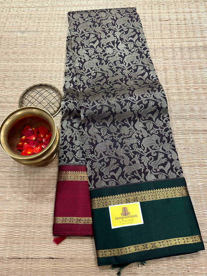 A Black Beauty, Vanasingaram Thread Motif All over the Body , Ganga Jamuna Border Red And Green , Rich Pallu Pure Kanjivaram Silk Saree