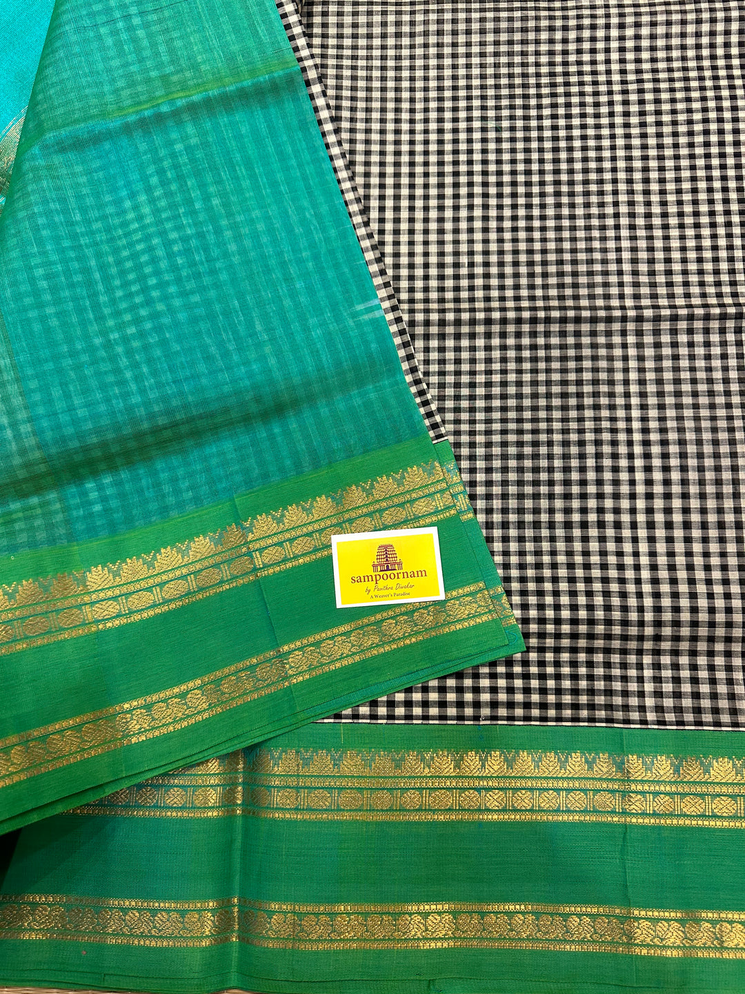 Black and White Podi Kattam with Sea Green Rich Pallu Korvai Silk Cotton Saree