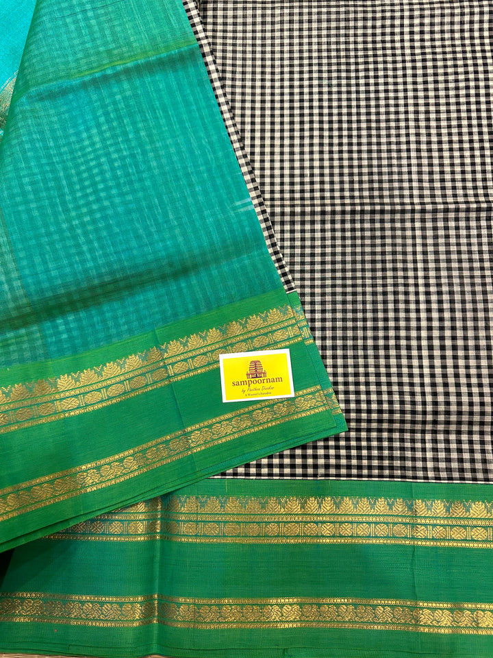 Black and White Podi Kattam with Sea Green Rich Pallu Korvai Silk Cotton Saree