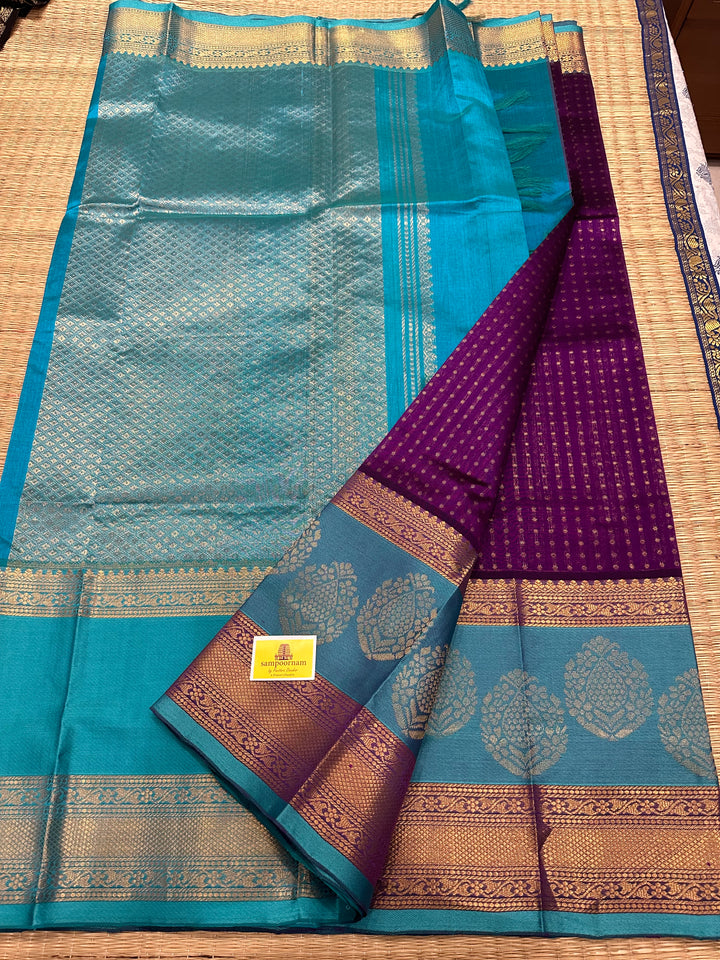 Purple with Blue , Satin Border Rich Zari Body with Grand Pallu Korvai Silk Cotton Saree