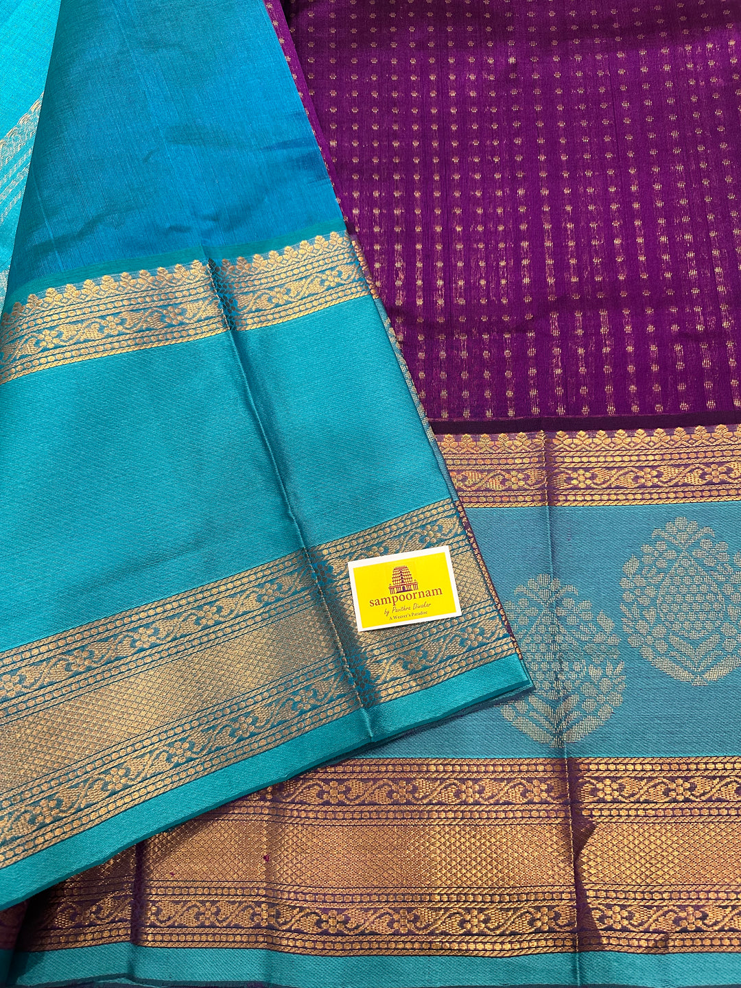 Purple with Blue , Satin Border Rich Zari Body with Grand Pallu Korvai Silk Cotton Saree