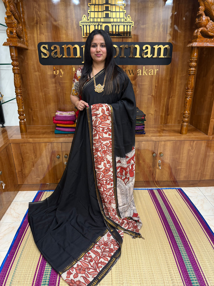 Black , Kalamkari Prints in One Side border , Pallu and Blouse , Chennuri Silk Saree