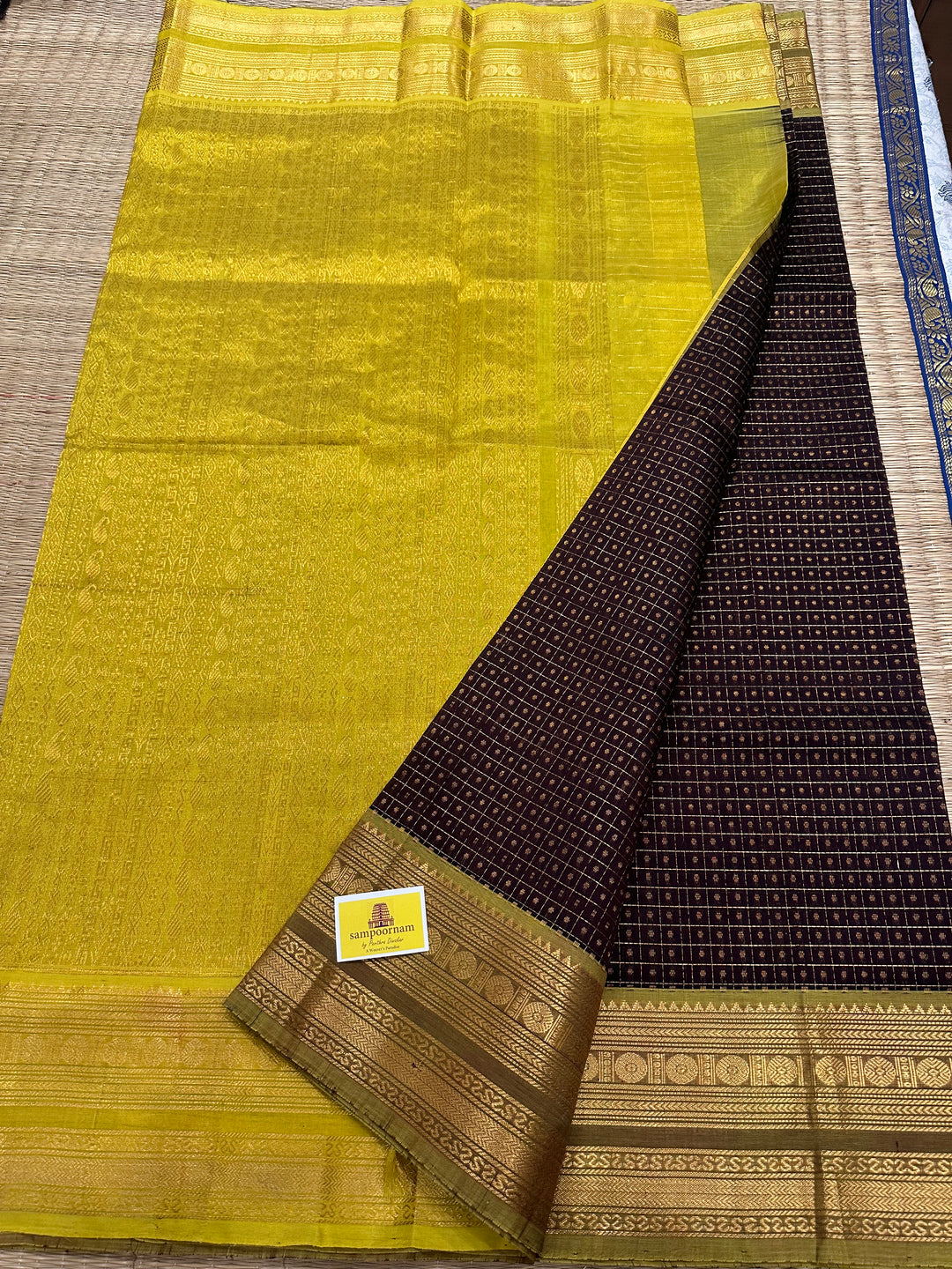 Brown with Lemon Yellow Zari Lakshadeepam Silk Cotton Saree