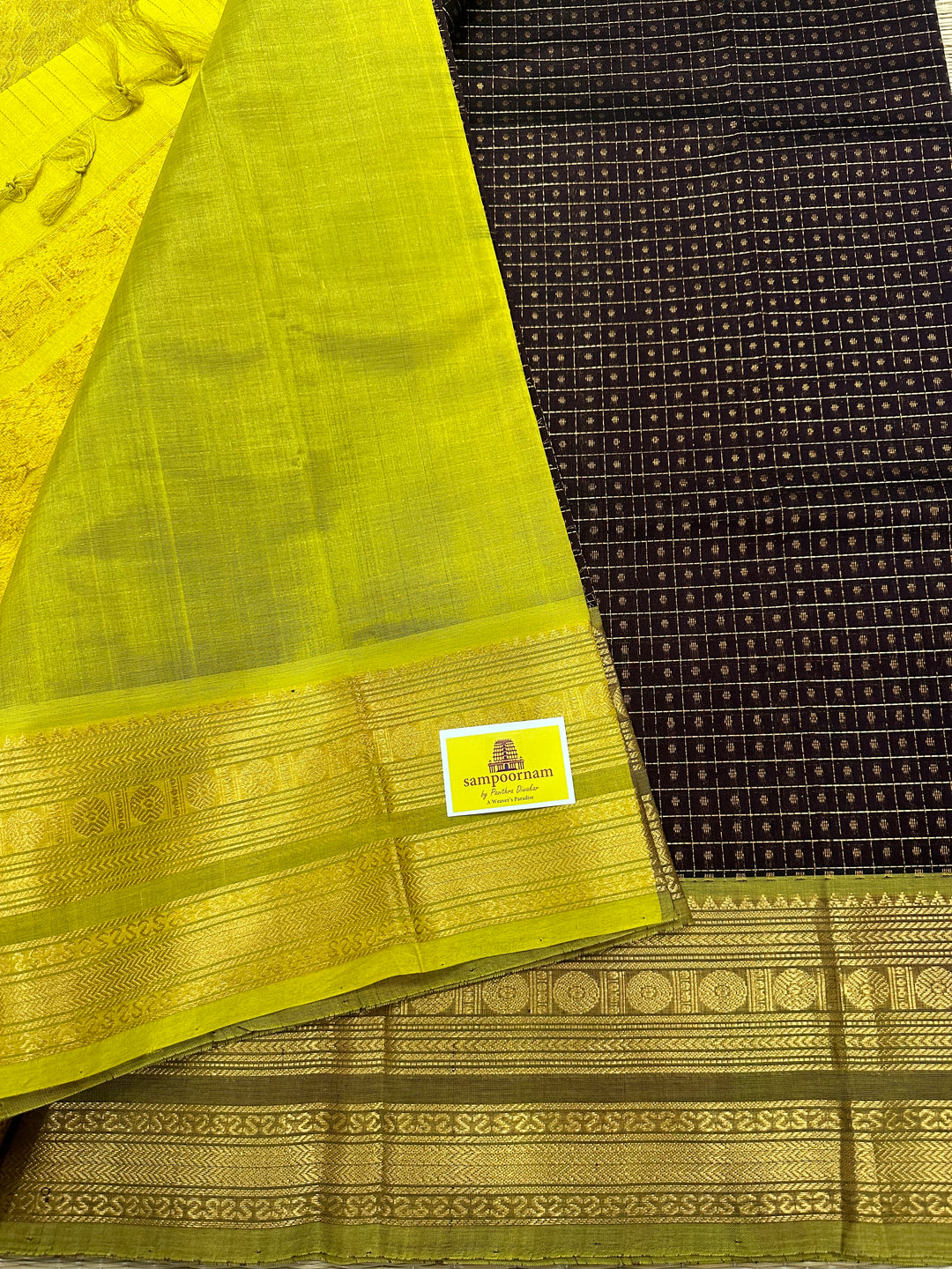 Brown with Lemon Yellow Zari Lakshadeepam Silk Cotton Saree