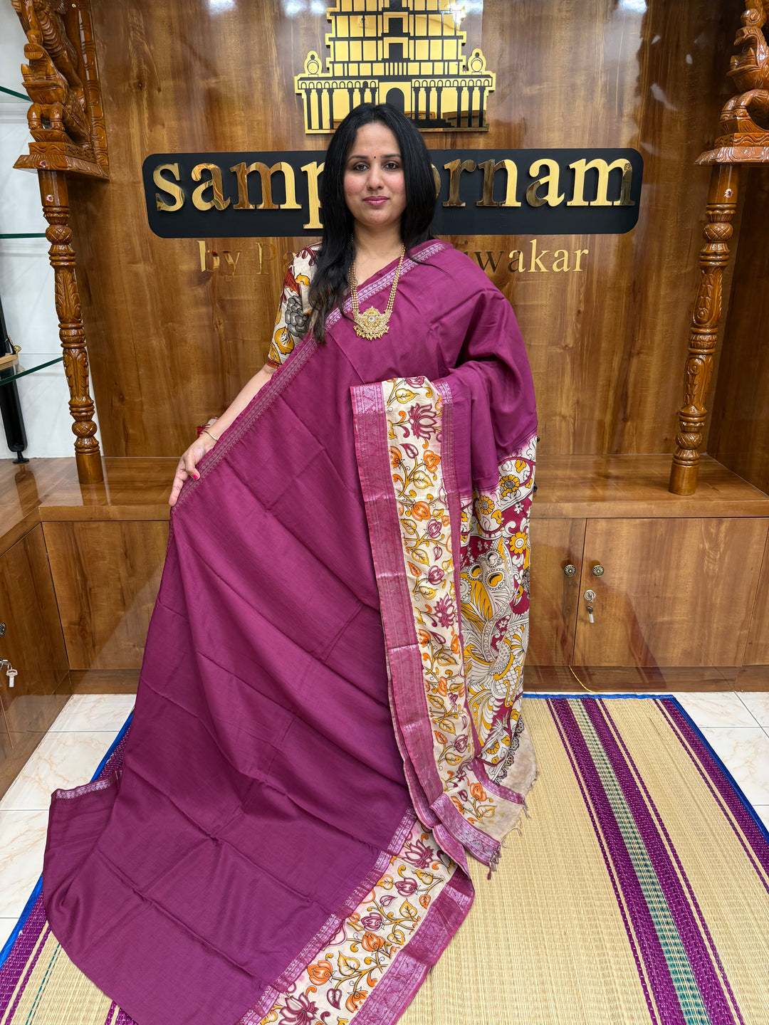 Dusty Pink , Kalamkari Prints in One Side border , Pallu and Blouse , Chennuri Silk Saree