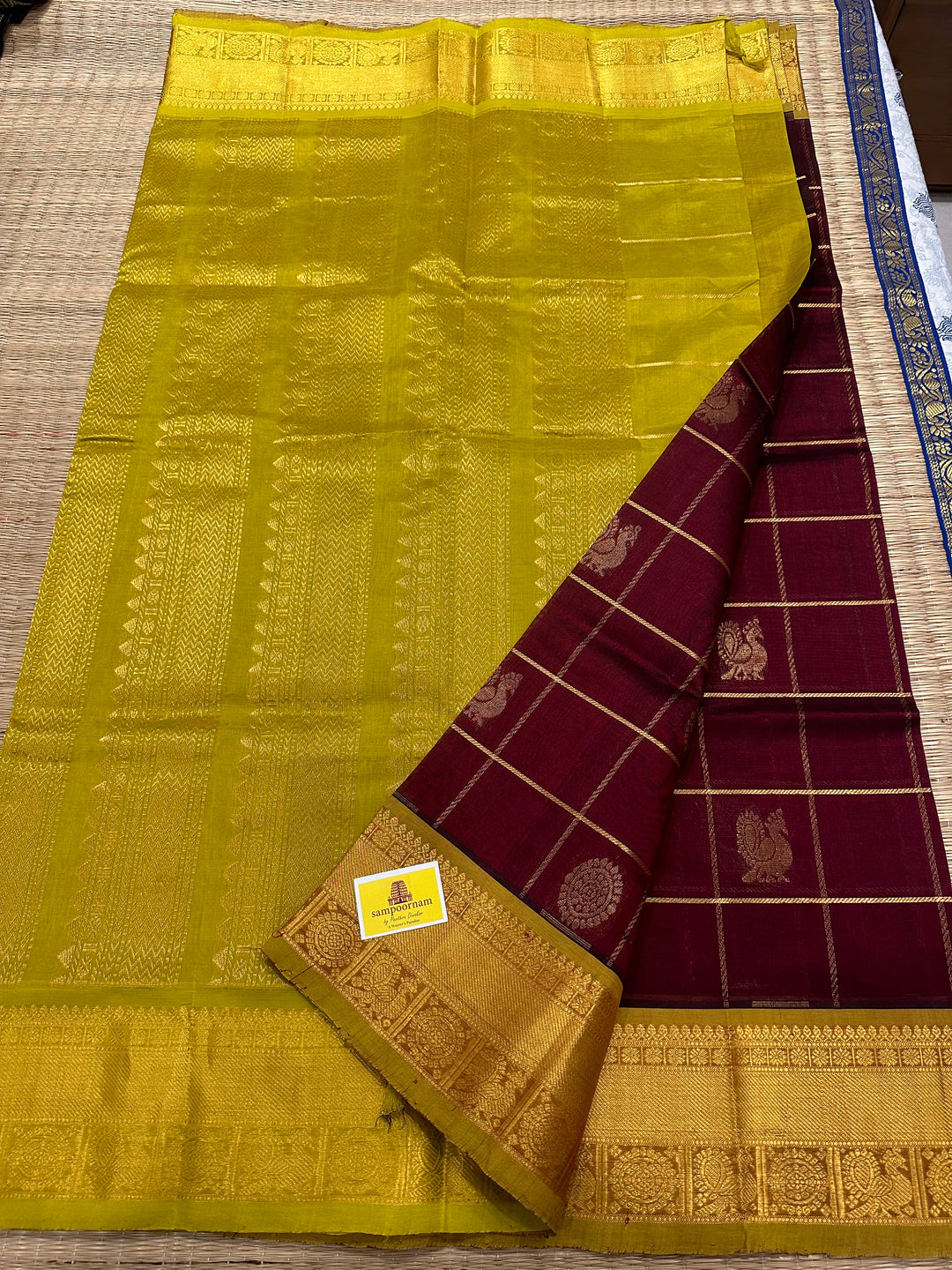 Maroon with Lemon Yellow Mayil Chakram Silk Cotton Saree