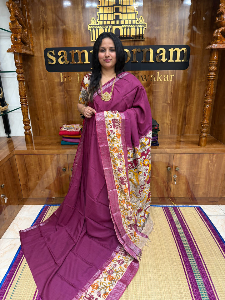 Dusty Pink , Kalamkari Prints in One Side border , Pallu and Blouse , Chennuri Silk Saree