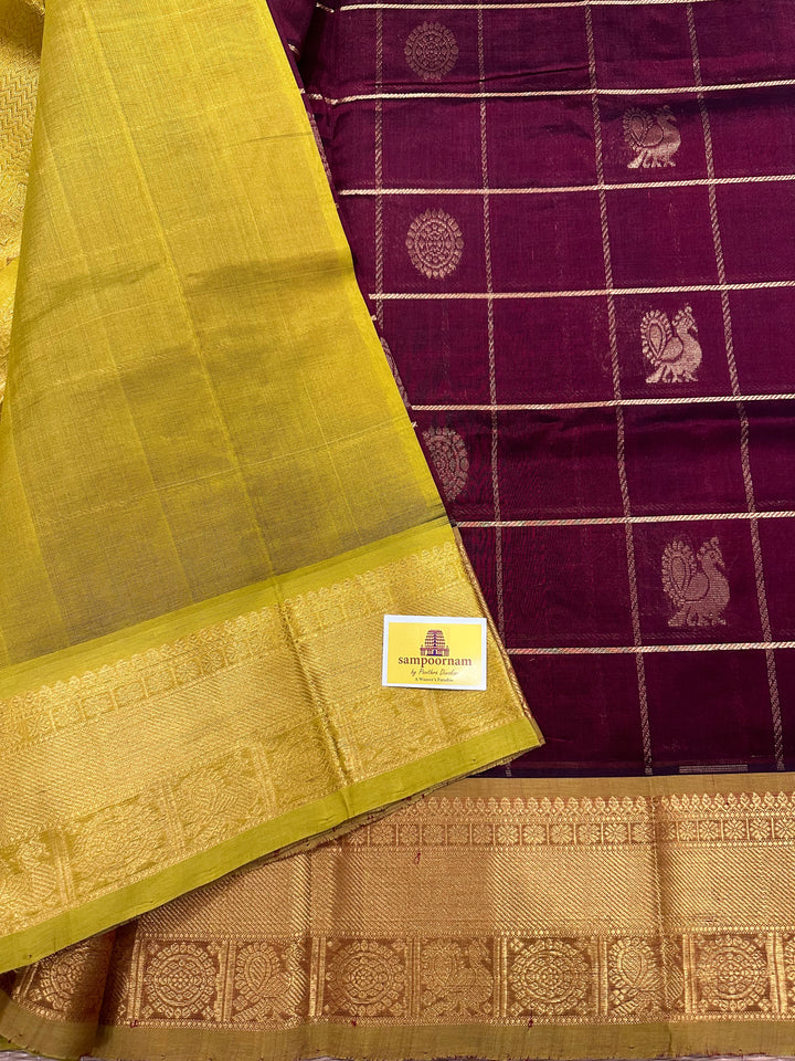 Maroon with Lemon Yellow Mayil Chakram Silk Cotton Saree