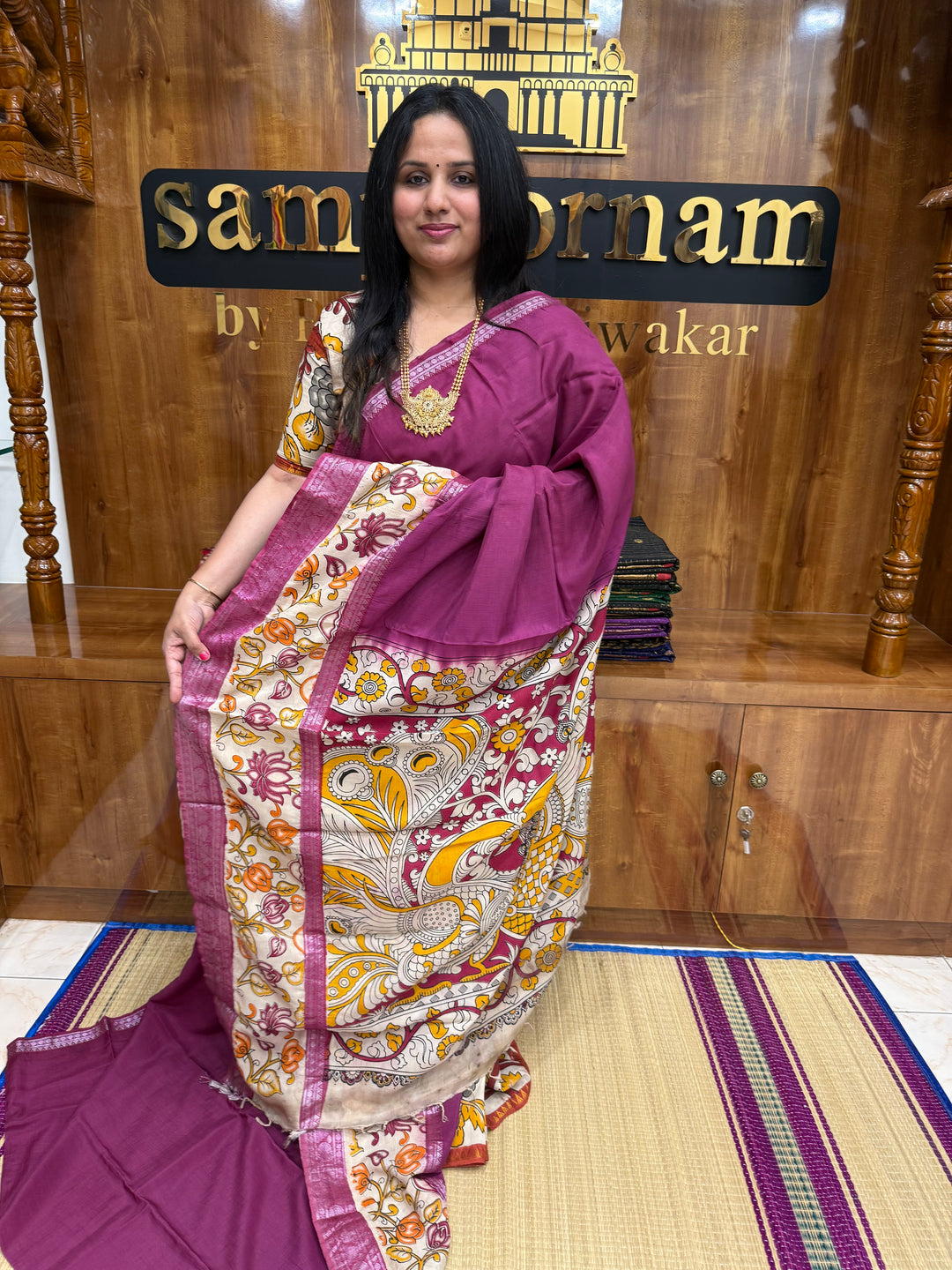 Dusty Pink , Kalamkari Prints in One Side border , Pallu and Blouse , Chennuri Silk Saree