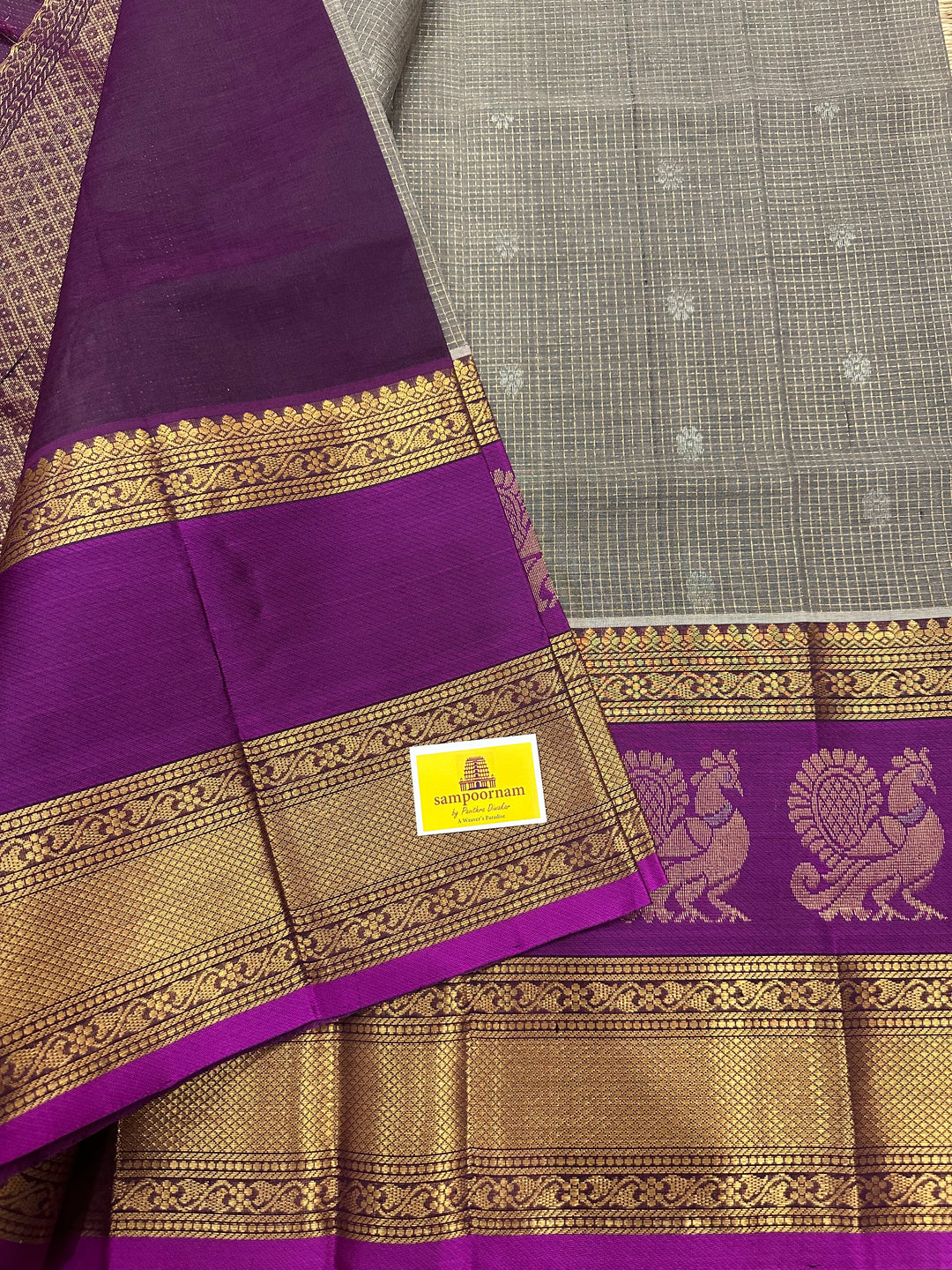 Grey with Purple Podi Kattam with Silver Butta in The Body and Satin Peacock Motif Border and Rich Pallu Korvai Silk Cotton Saree