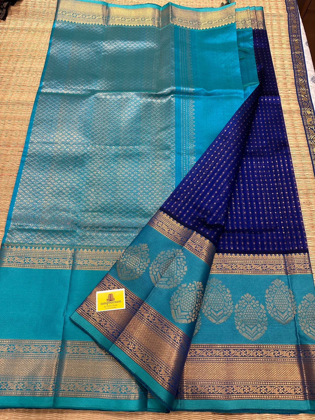 Blue with Blue Satin Border , RIch Zari Body and Grand Pallu Korvai Silk Cotton Saree