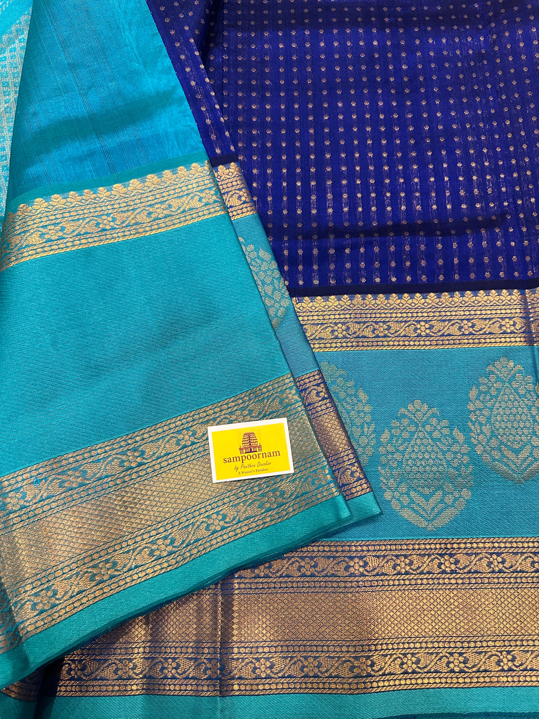 Blue with Blue Satin Border , RIch Zari Body and Grand Pallu Korvai Silk Cotton Saree