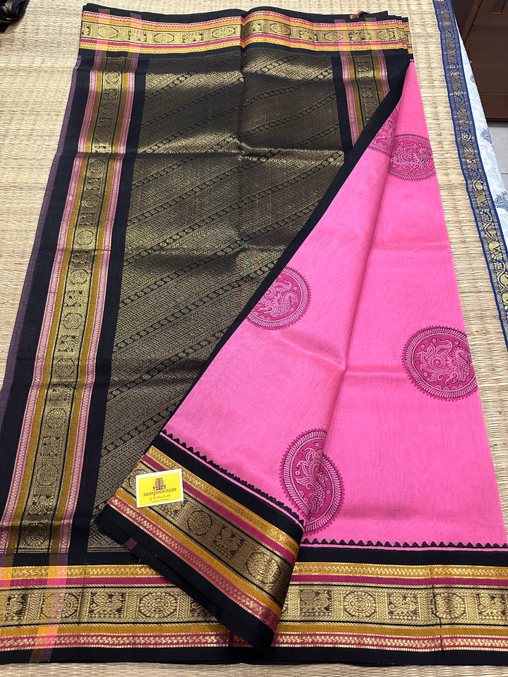 Pink with Black Handblock Printed Korvai Silk Cotton Saree