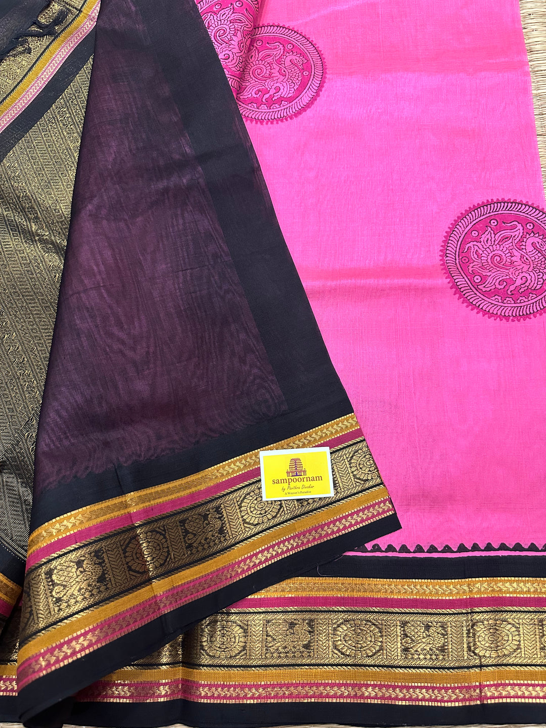 Pink with Black Handblock Printed Korvai Silk Cotton Saree